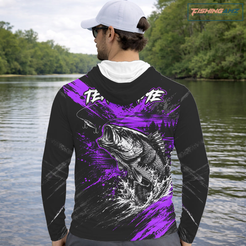 Hooded Personalized Purple Bass Fishing Jersey, Largemouth Bass Shirt, Custom Name Fishing Team Shirt NHT1593