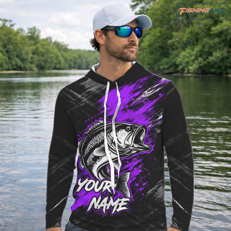 Hooded Personalized Purple Bass Fishing Jersey, Largemouth Bass Shirt, Custom Name Fishing Team Shirt NHT1593