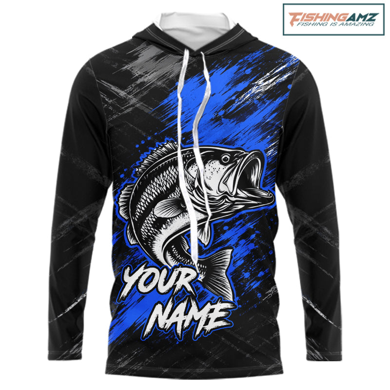 Hooded Personalized Blue Bass Fishing Jersey, Largemouth Bass Shirt, Custom Name Fishing Team Shirt NHT1594