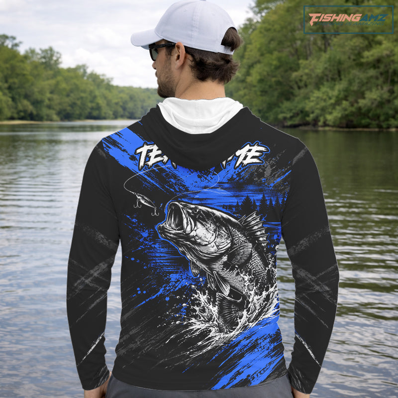 Hooded Personalized Blue Bass Fishing Jersey, Largemouth Bass Shirt, Custom Name Fishing Team Shirt NHT1594
