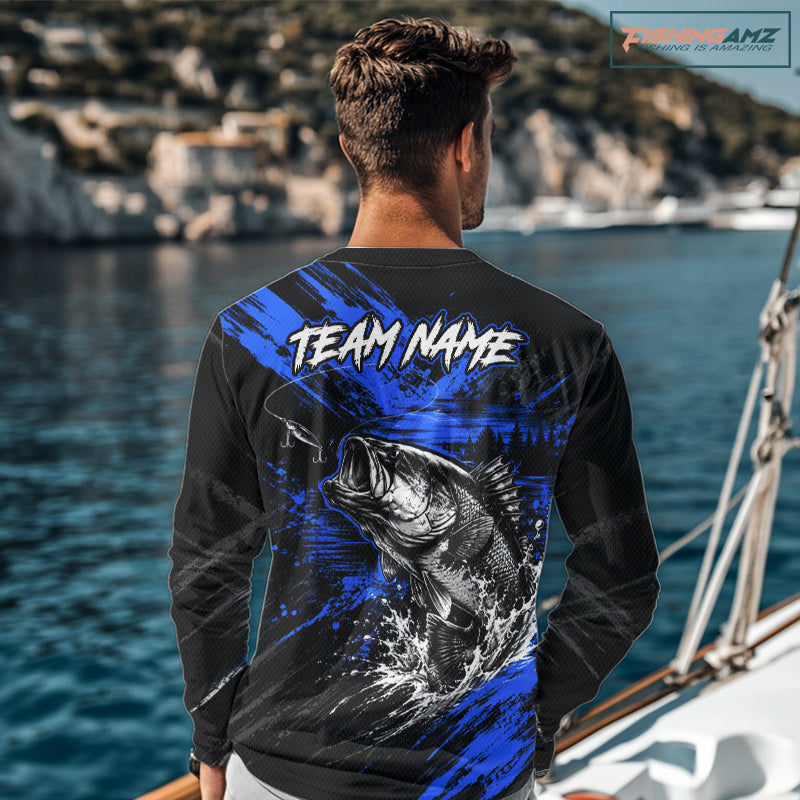 Personalized Blue Bass Fishing Jersey, Largemouth Bass Shirt, Custom Name Fishing Team Shirt NHT1594