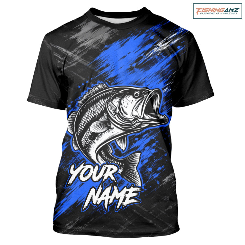 Personalized Blue Bass Fishing Jersey, Largemouth Bass Shirt Short Sleeve, Custom Name Fishing Team Shirt NHT1594