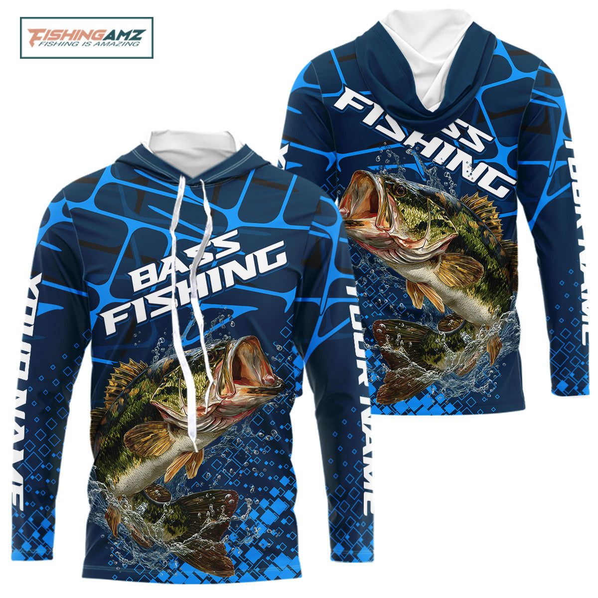 Largemouth Bass Fishing, Fishing Shirts Long Sleeve Hooded UPF, Fishing Gift | Blue NHT385