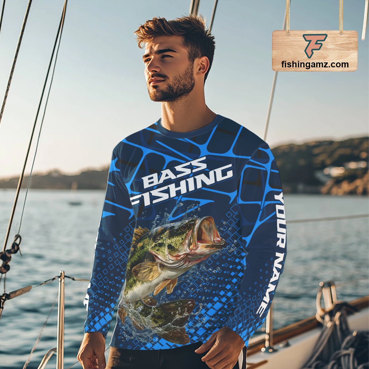 Largemouth Bass Fishing, Fishing Shirts Long Sleeve, Fishing Gift | Blue NHT385