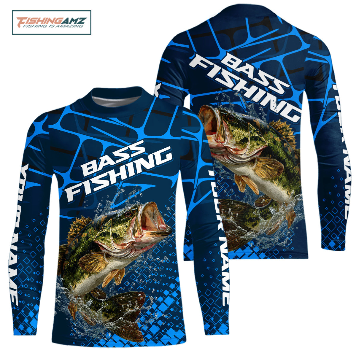 Largemouth Bass Fishing, Youth Fishing Shirts Long Sleeve, Fishing Gift | Blue NHT385