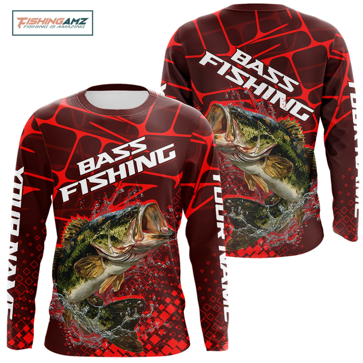 Largemouth Bass Fishing, Fishing Shirts Long Sleeve Scale, Fishing Gift |Red NHT391
