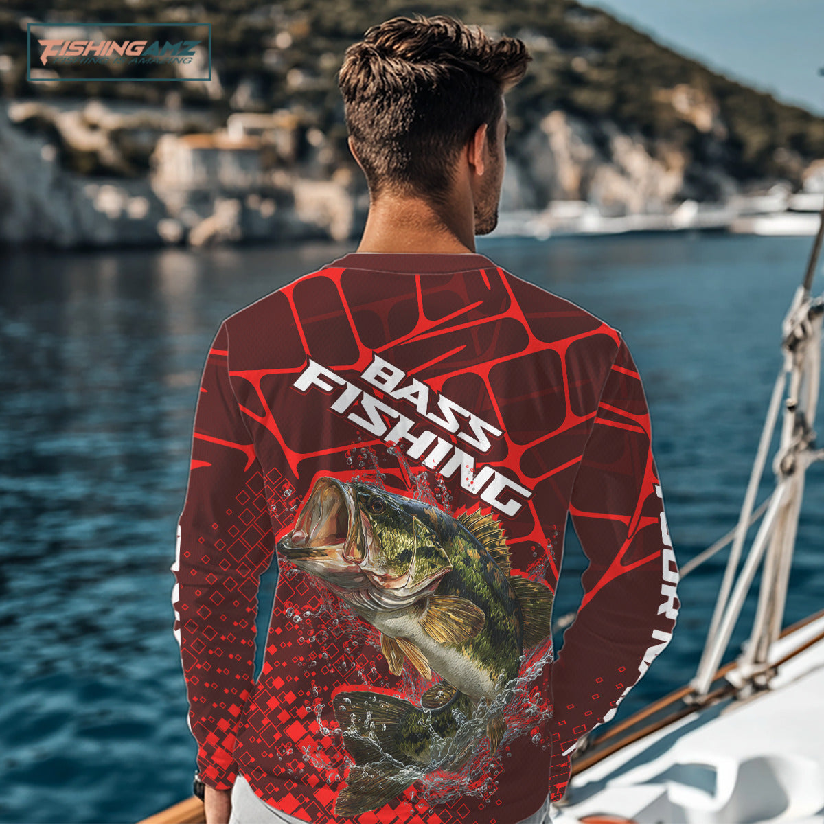 Largemouth Bass Fishing, Fishing Shirts Long Sleeve Scale, Fishing Gift |Red NHT391