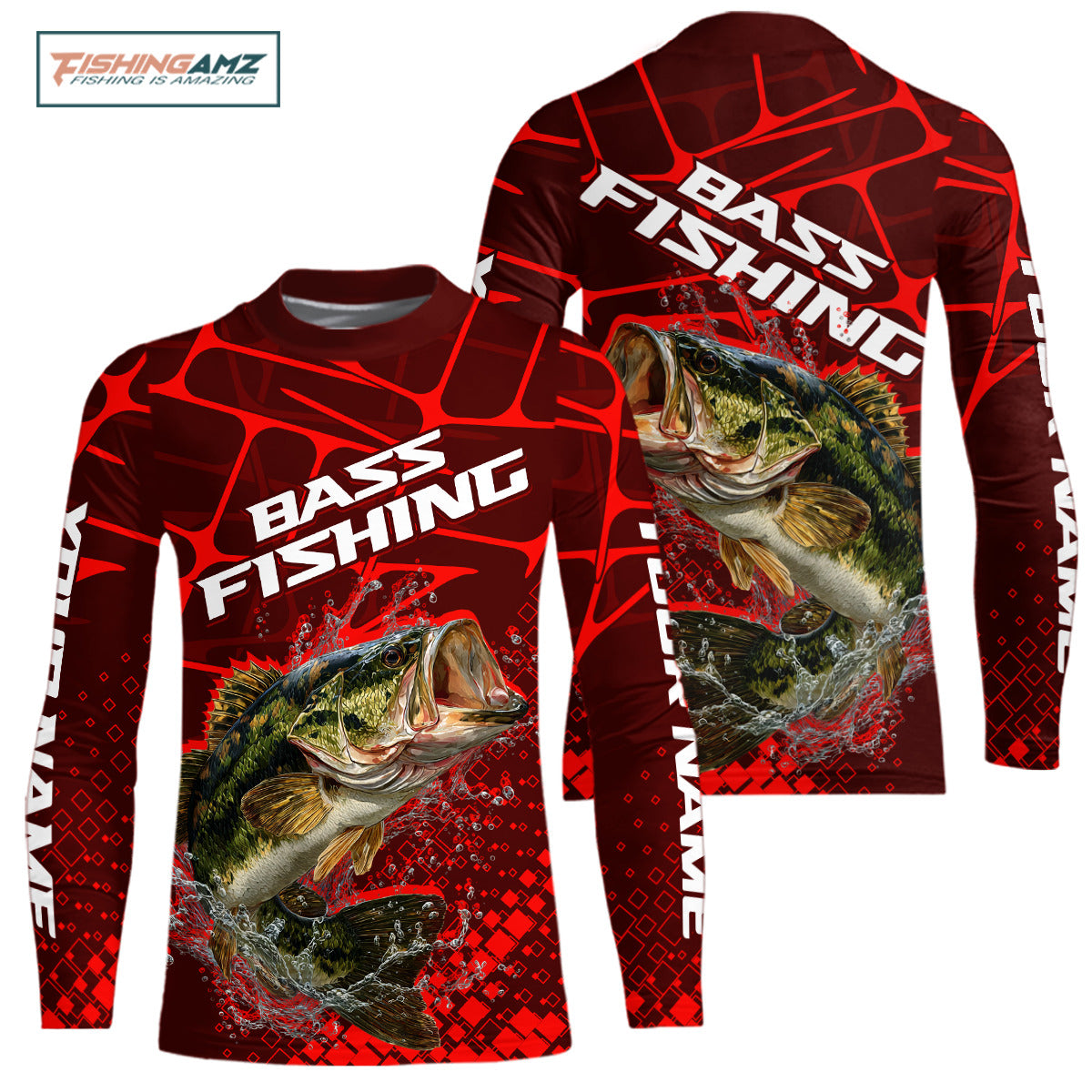 Largemouth Bass Fishing, Youth Fishing Shirts Long Sleeve Scale, Fishing Gift |Red NHT391
