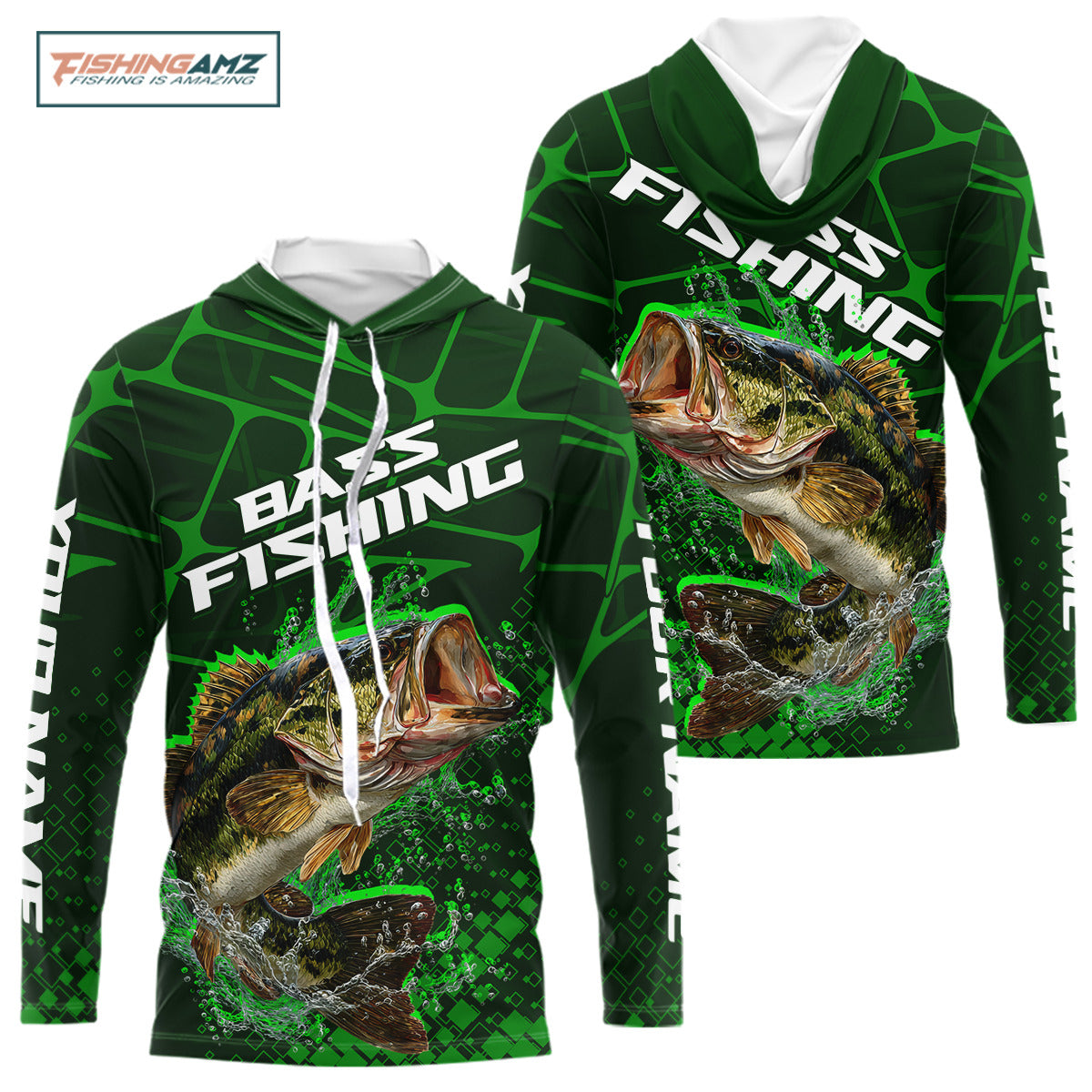 Largemouth Bass Fishing, Fishing Shirts Long Sleeve Hooded Scale, Fishing Giftt | Green NHT392