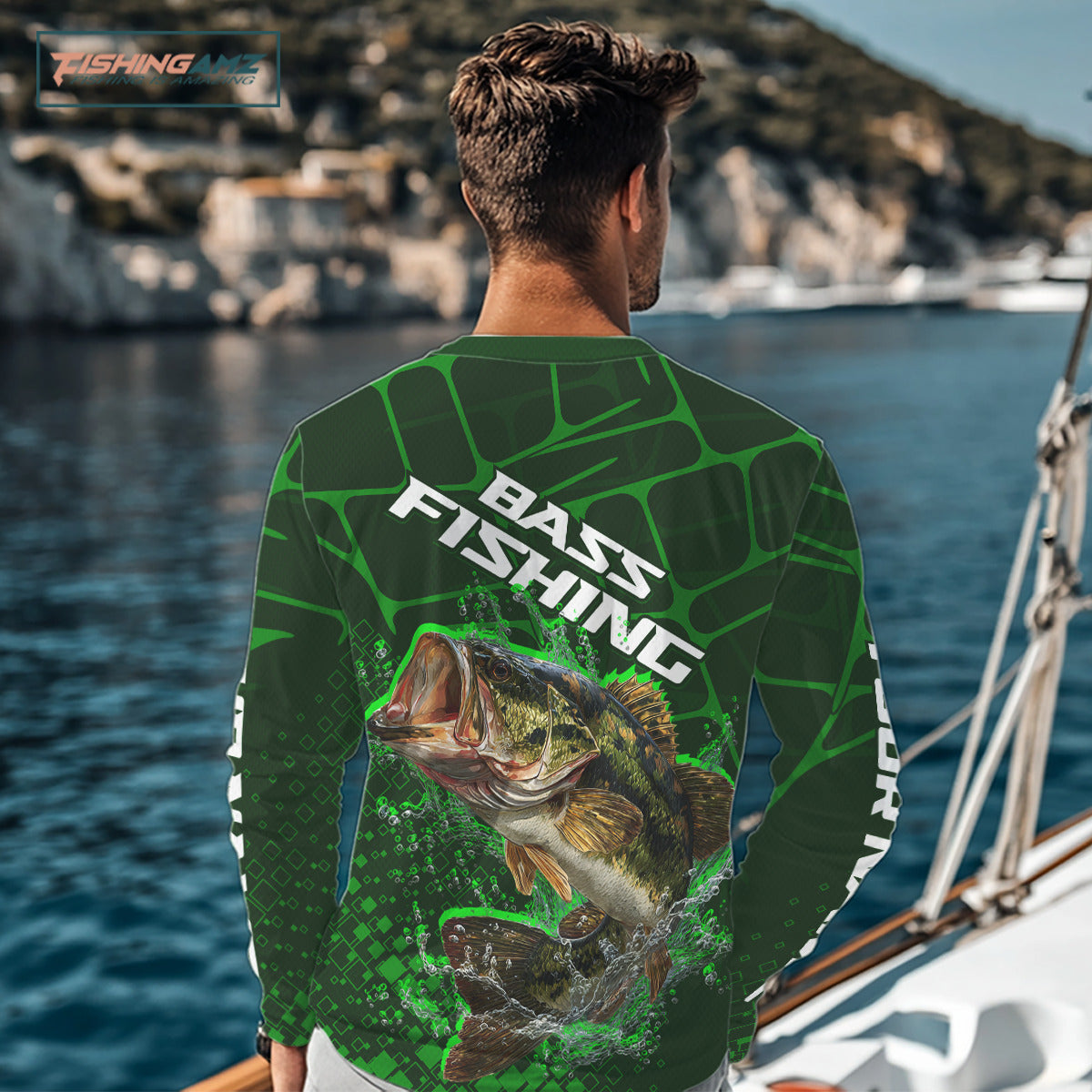 Largemouth Bass Fishing, Fishing Shirts Long Sleeve Scale, Fishing Gift | Green NHT392