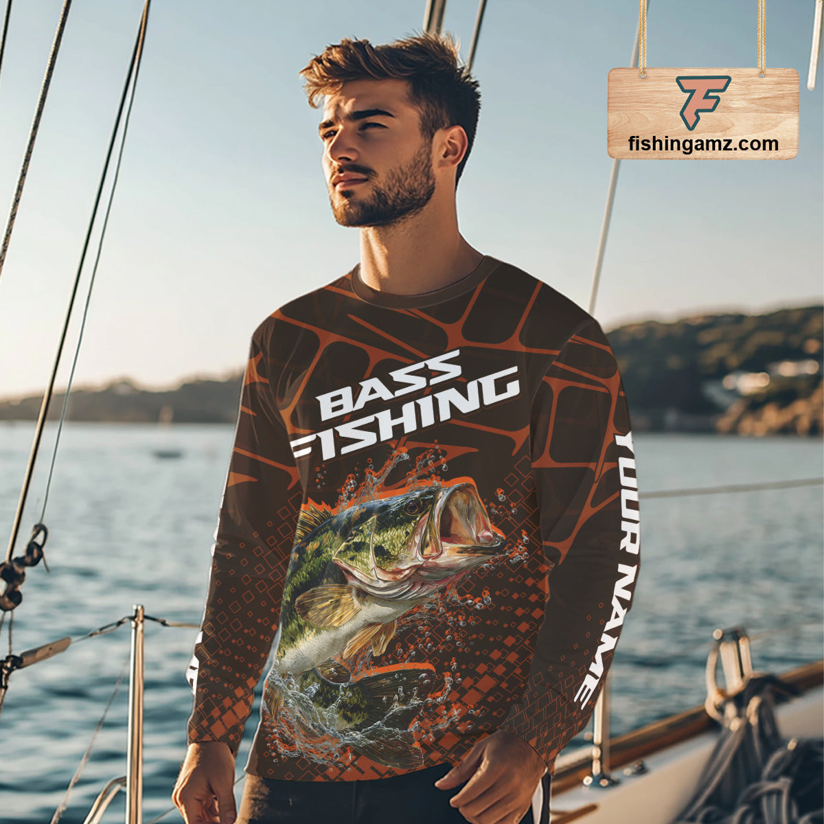 Largemouth Bass Fishing, Fishing Shirts Long Sleeve Scale, Fishing Gift | Orange NHT393