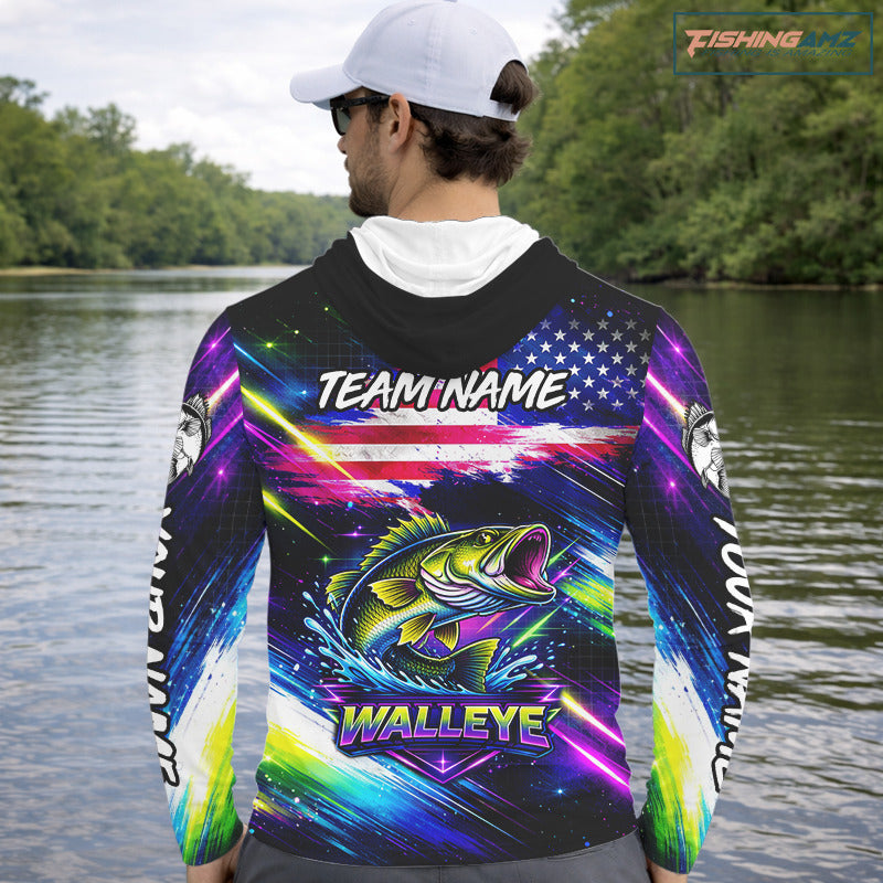 Personalized Walleye Fishing Jerseys, Custom American Flag Fishing Shirts Long Sleeve Hooded For Men NHT637