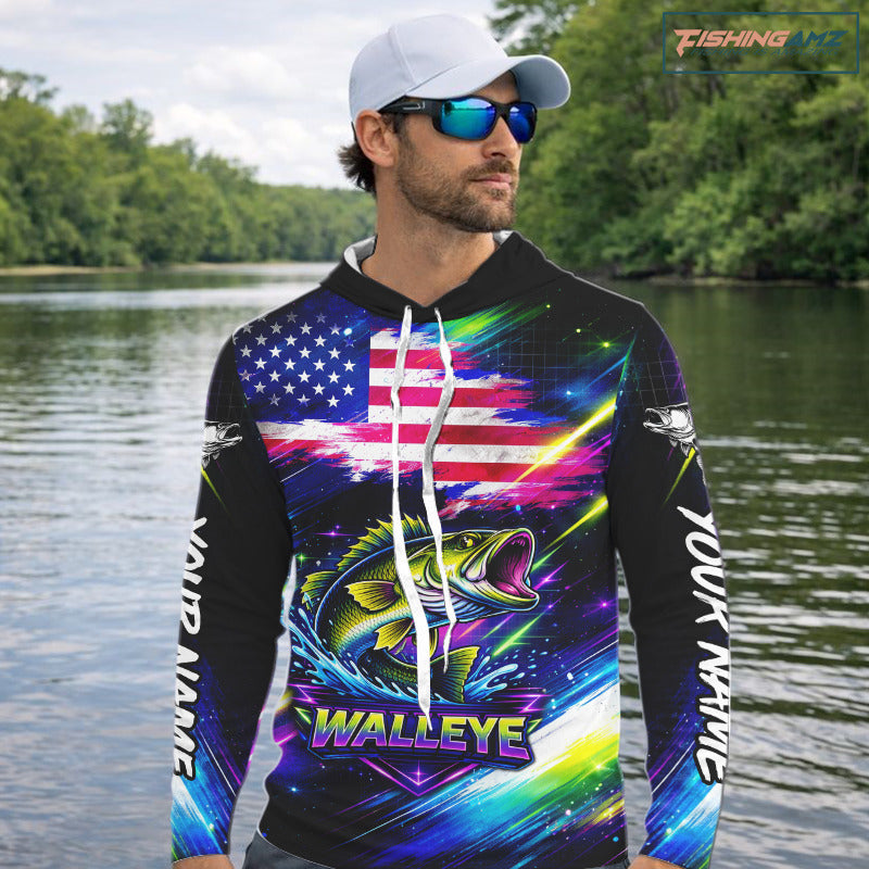 Personalized Walleye Fishing Jerseys, Custom American Flag Fishing Shirts Long Sleeve Hooded For Men NHT637