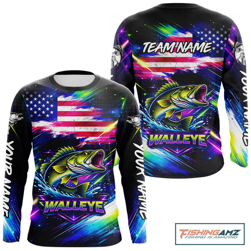 Personalized Walleye Fishing Jerseys, Custom American Flag Fishing Shirts Long Sleeve For Men NHT637