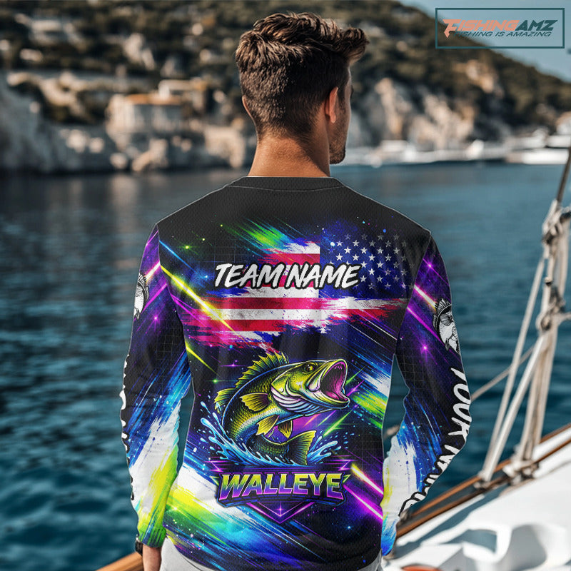 Personalized Walleye Fishing Jerseys, Custom American Flag Fishing Shirts Long Sleeve For Men NHT637