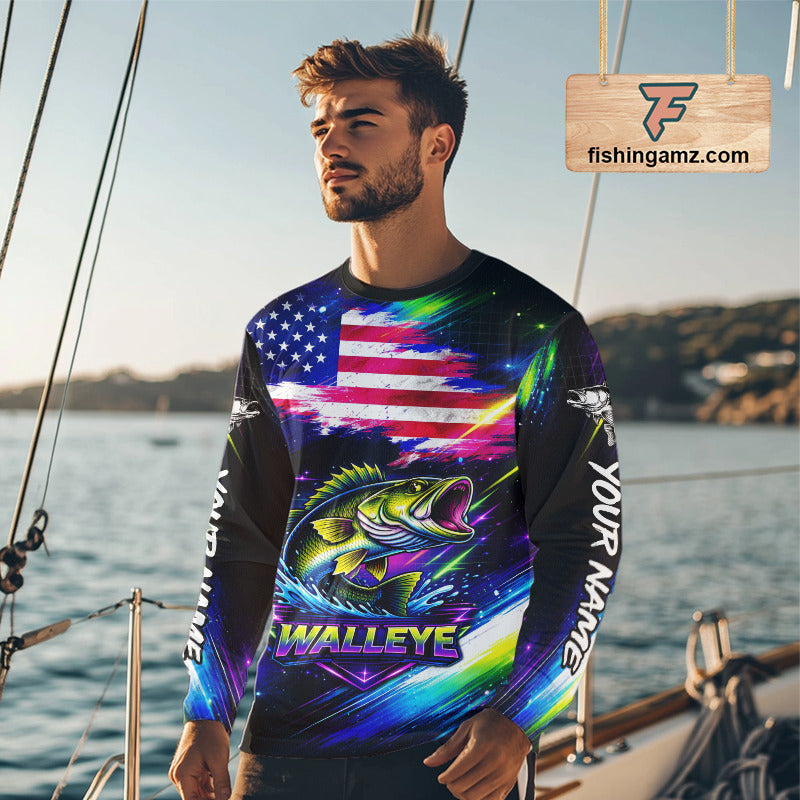 Personalized Walleye Fishing Jerseys, Custom American Flag Fishing Shirts Long Sleeve For Men NHT637