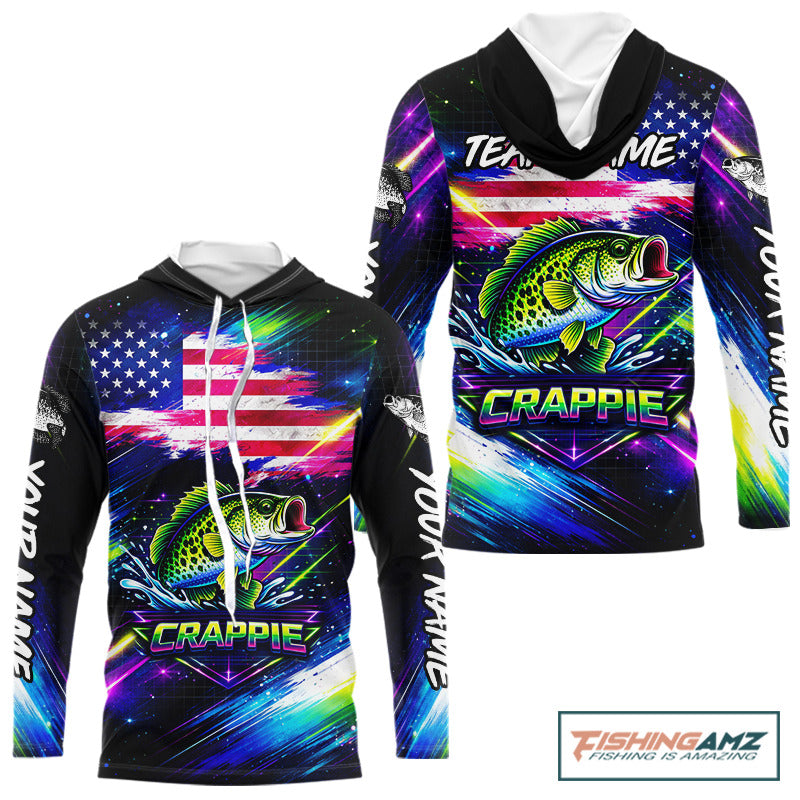Personalized Crappie Fishing Jerseys, Custom American Flag Fishing Shirts Long Sleeve Hooded For Men NHT638