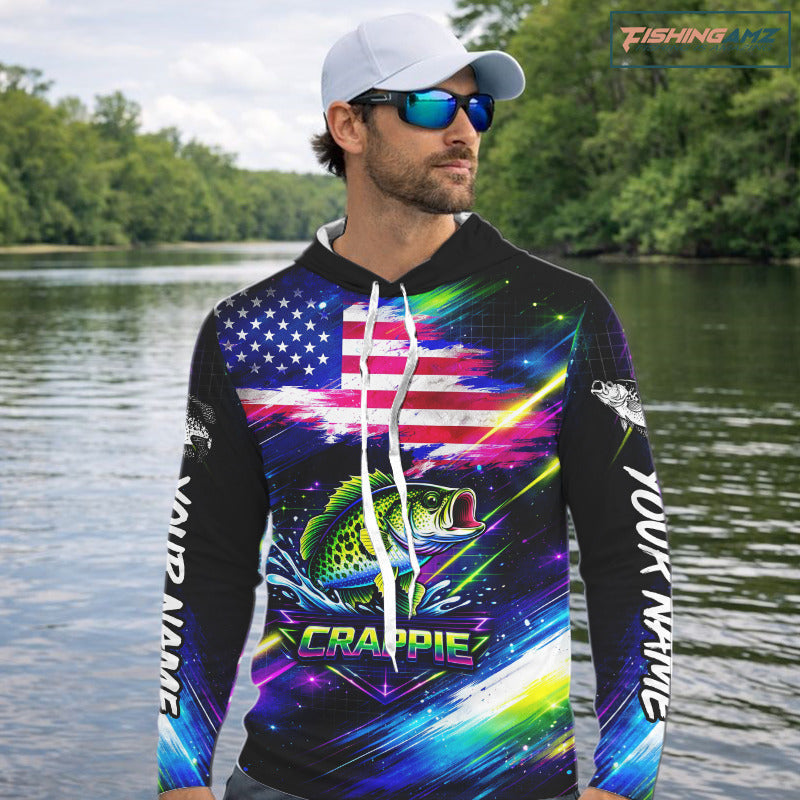 Personalized Crappie Fishing Jerseys, Custom American Flag Fishing Shirts Long Sleeve Hooded For Men NHT638