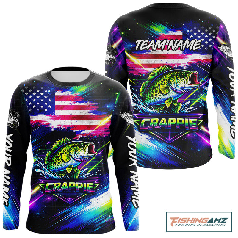 Personalized Crappie Fishing Jerseys, Custom American Flag Fishing Shirts Long Sleeve For Men NHT638