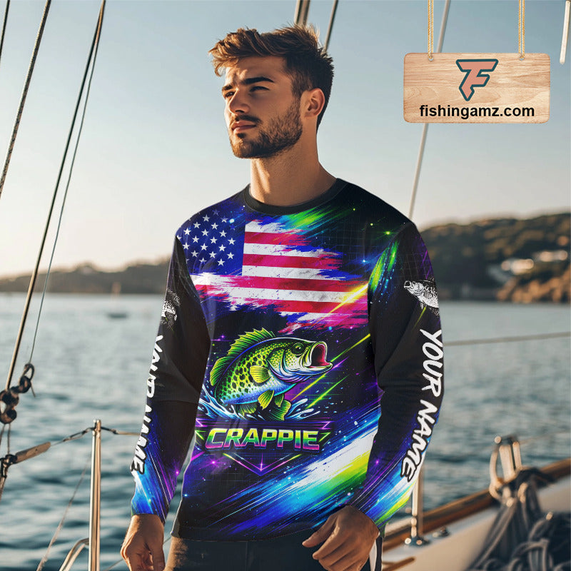 Personalized Crappie Fishing Jerseys, Custom American Flag Fishing Shirts Long Sleeve For Men NHT638