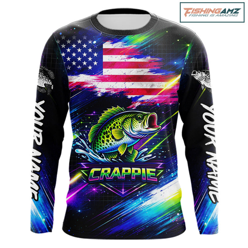 Personalized Crappie Fishing Jerseys, Custom American Flag Fishing Shirts Long Sleeve For Men NHT638