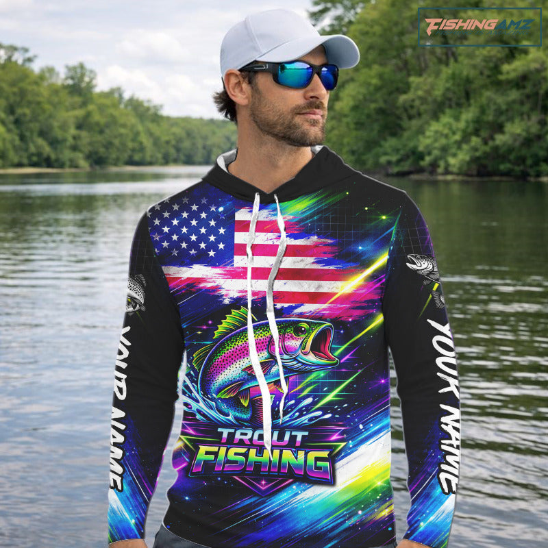 Personalized Rainbow Trout Fishing Jerseys, Custom American Flag Fishing Shirts Long Sleeve Hooded For Men NHT639