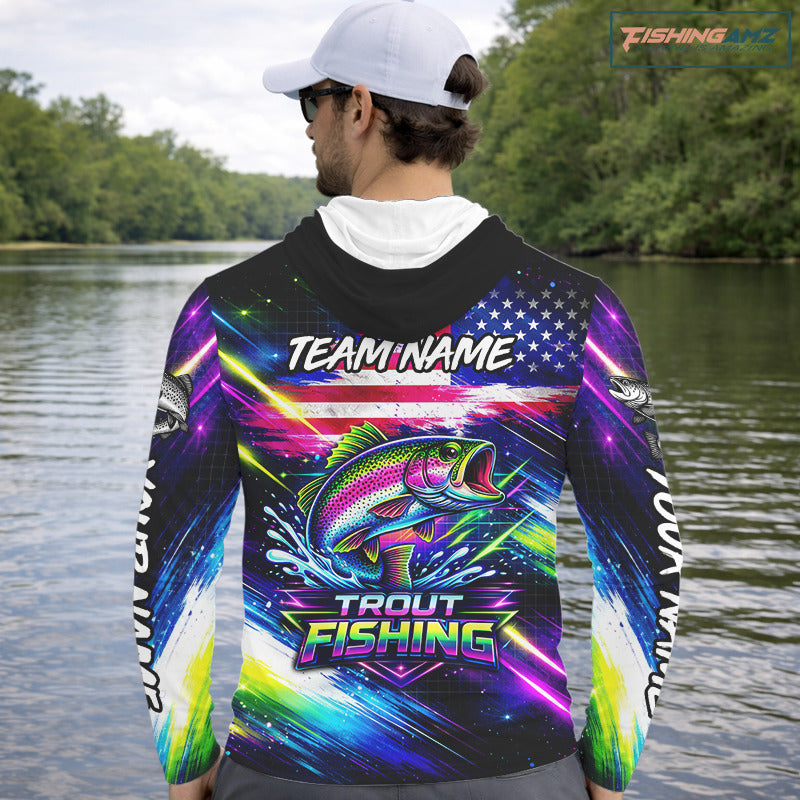 Personalized Rainbow Trout Fishing Jerseys, Custom American Flag Fishing Shirts Long Sleeve Hooded For Men NHT639