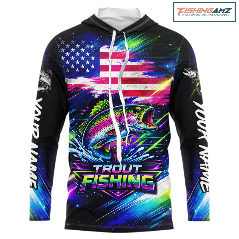 Personalized Rainbow Trout Fishing Jerseys, Custom American Flag Fishing Shirts Long Sleeve Hooded For Men NHT639