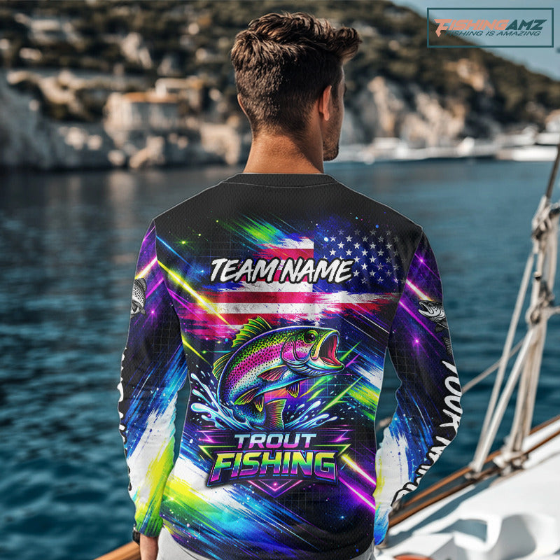 Personalized Rainbow Trout Fishing Jerseys, Custom American Flag Fishing Shirts Long Sleeve For Men NHT639