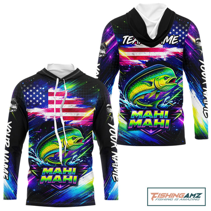 Personalized Mahi Mahi Fishing Jerseys, Custom American Flag Fishing Shirts Long Sleeve Hooded For Men NHT640