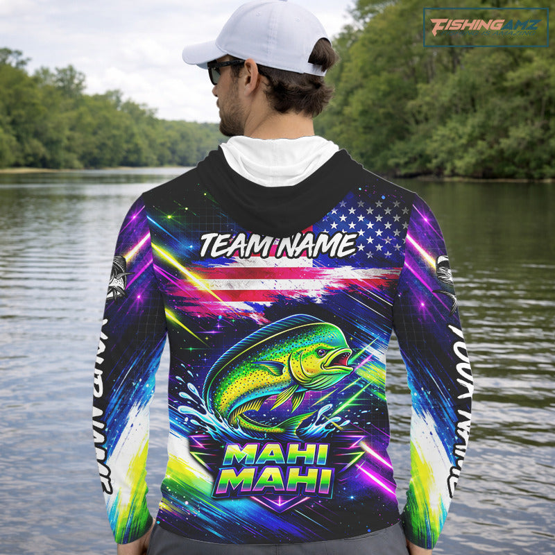 Personalized Mahi Mahi Fishing Jerseys, Custom American Flag Fishing Shirts Long Sleeve Hooded For Men NHT640