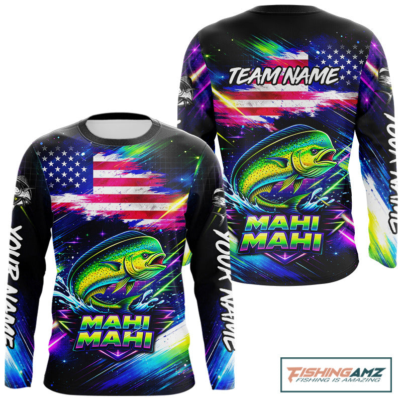 Personalized Mahi Mahi Fishing Jerseys, Custom American Flag Fishing Shirts Long Sleeve For Men NHT640