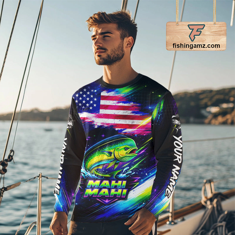 Personalized Mahi Mahi Fishing Jerseys, Custom American Flag Fishing Shirts Long Sleeve For Men NHT640