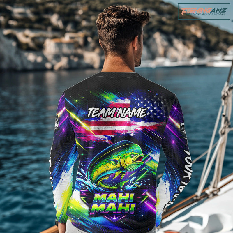 Personalized Mahi Mahi Fishing Jerseys, Custom American Flag Fishing Shirts Long Sleeve For Men NHT640