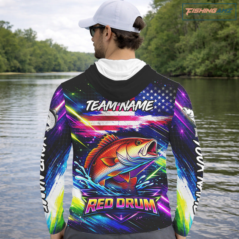 Personalized Redfish Fishing Jerseys, Custom American Flag Fishing Shirts Long Sleeve Hooded For Men NHT641