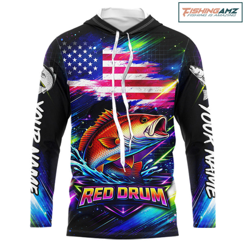 Personalized Redfish Fishing Jerseys, Custom American Flag Fishing Shirts Long Sleeve Hooded For Men NHT641