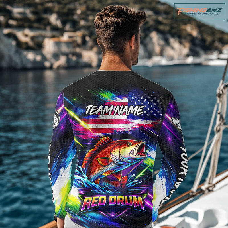 Personalized Redfish Fishing Jerseys, Custom American Flag Fishing Shirts Long Sleeve For Men NHT641