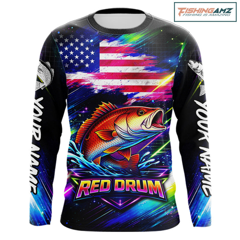 Personalized Redfish Fishing Jerseys, Custom American Flag Fishing Shirts Long Sleeve For Men NHT641