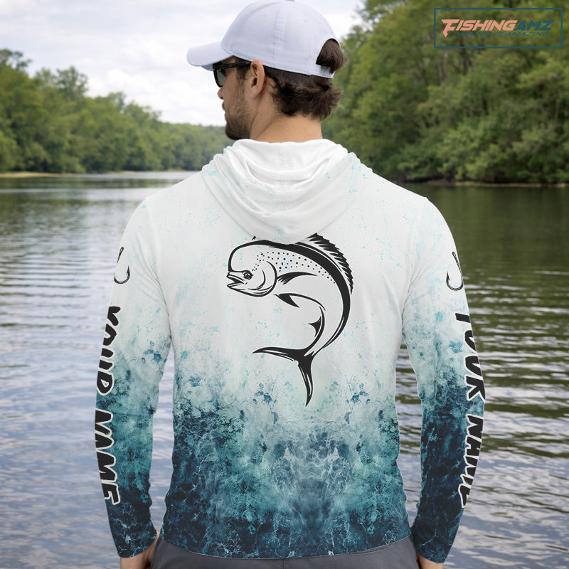 Personalized Mahi Mahi Fishing Shirt Long Sleeve Hooded Deep Sea Fishing Shirt, Ocean Wave Fishing Apparel NHT1462