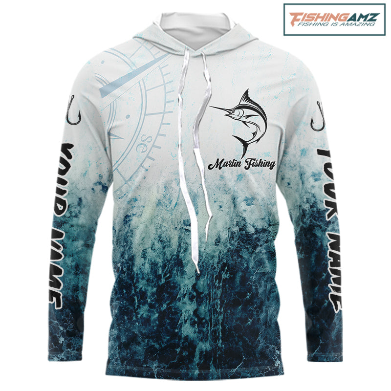Personalized Marlin Fishing Shirt Long Sleeve Hooded Deep Sea Fishing Shirt, Ocean Wave Fishing Apparel NHT1463