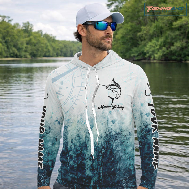Personalized Marlin Fishing Shirt Long Sleeve Hooded Deep Sea Fishing Shirt, Ocean Wave Fishing Apparel NHT1463