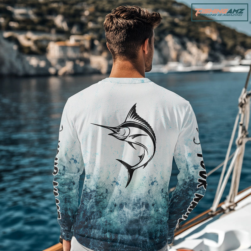 Personalized Marlin Fishing Shirt Long Sleeve Deep Sea Fishing Shirt, Ocean Wave Fishing Apparel NHT1463