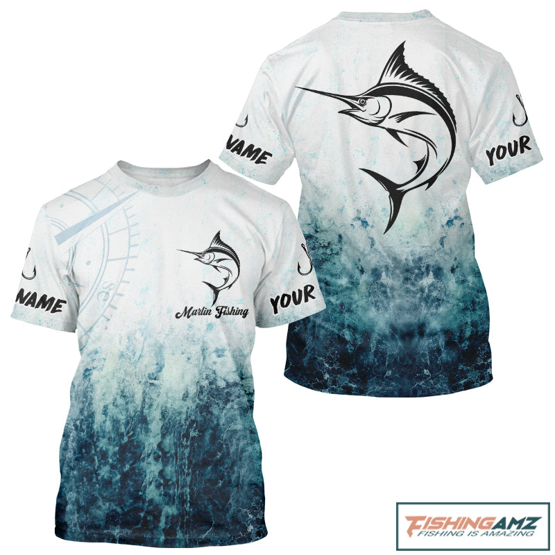 Personalized Marlin Fishing Shirt Short Sleeve Deep Sea Fishing Shirt, Ocean Wave Fishing Apparel NHT1463