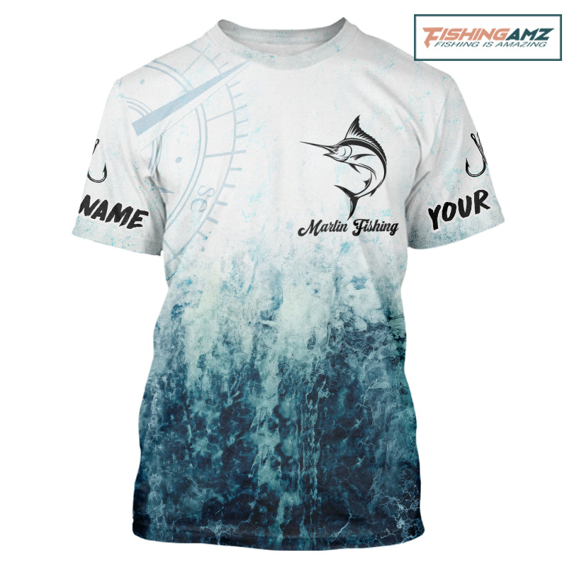 Personalized Marlin Fishing Shirt Short Sleeve Deep Sea Fishing Shirt, Ocean Wave Fishing Apparel NHT1463