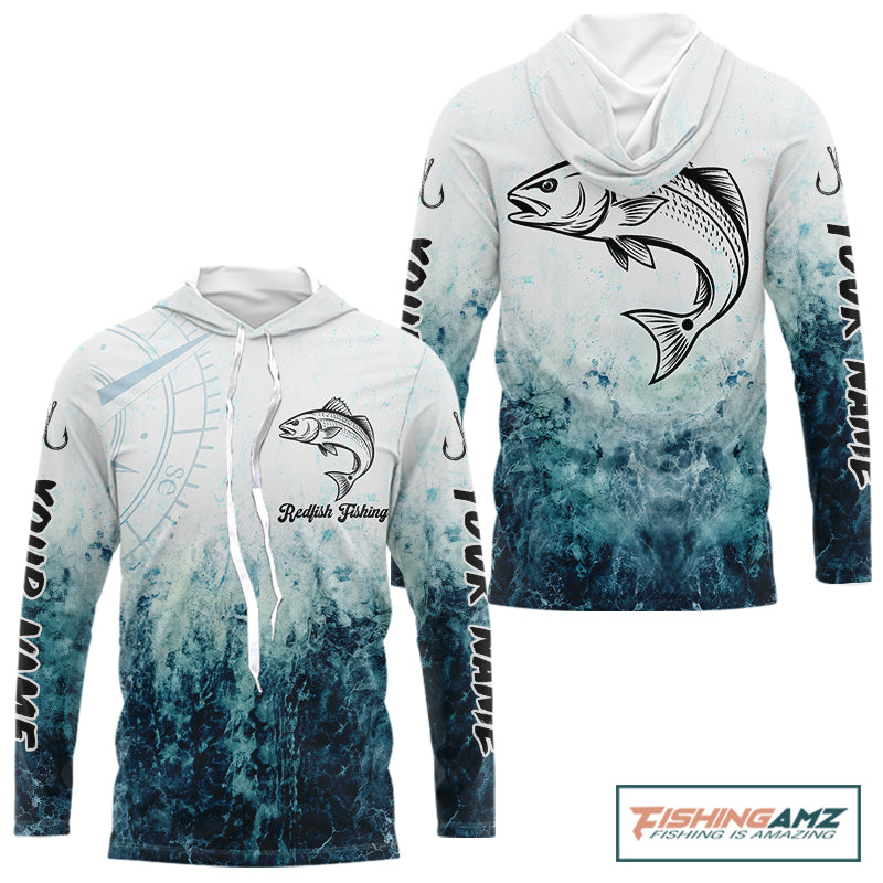 Personalized Redfish Fishing Shirt Long Sleeve Hooded Deep Sea Fishing Shirt, Ocean Wave Fishing Apparel NHT1464