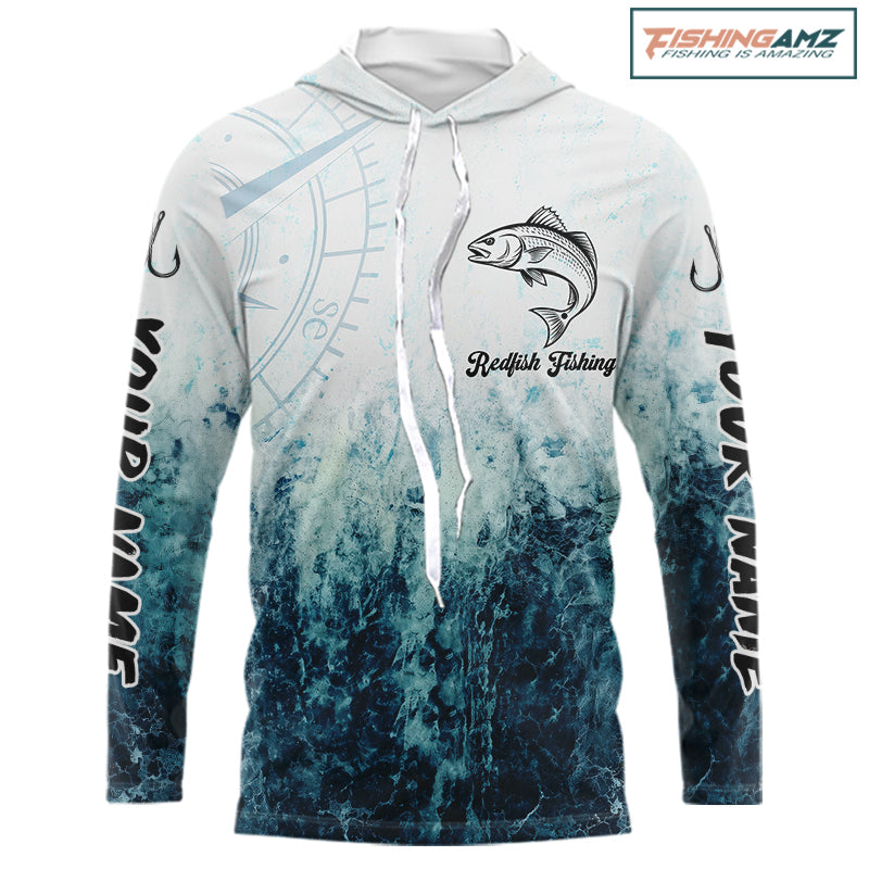 Personalized Redfish Fishing Shirt Long Sleeve Hooded Deep Sea Fishing Shirt, Ocean Wave Fishing Apparel NHT1464