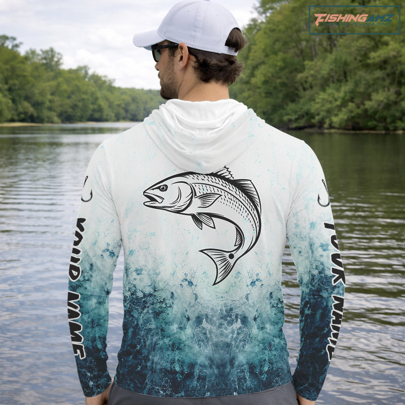 Personalized Redfish Fishing Shirt Long Sleeve Hooded Deep Sea Fishing Shirt, Ocean Wave Fishing Apparel NHT1464