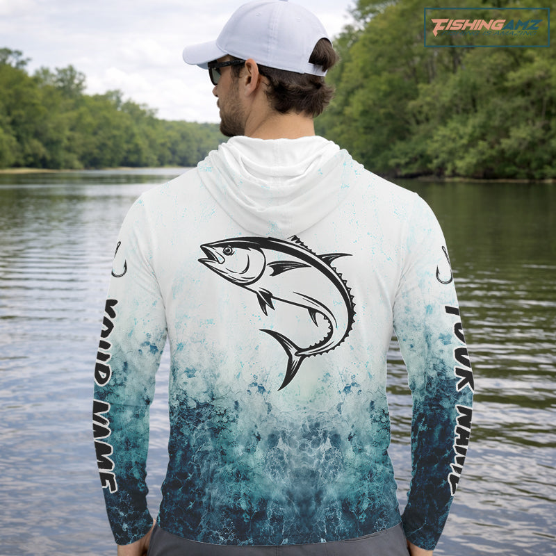 Personalized Tuna Fishing Shirt Long Sleeve Hooded Deep Sea Fishing Shirt, Ocean Wave Fishing Apparel NHT1465