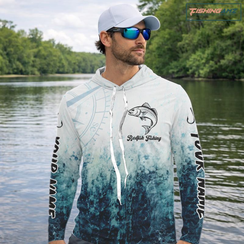 Personalized Redfish Fishing Shirt Long Sleeve Hooded Deep Sea Fishing Shirt, Ocean Wave Fishing Apparel NHT1464