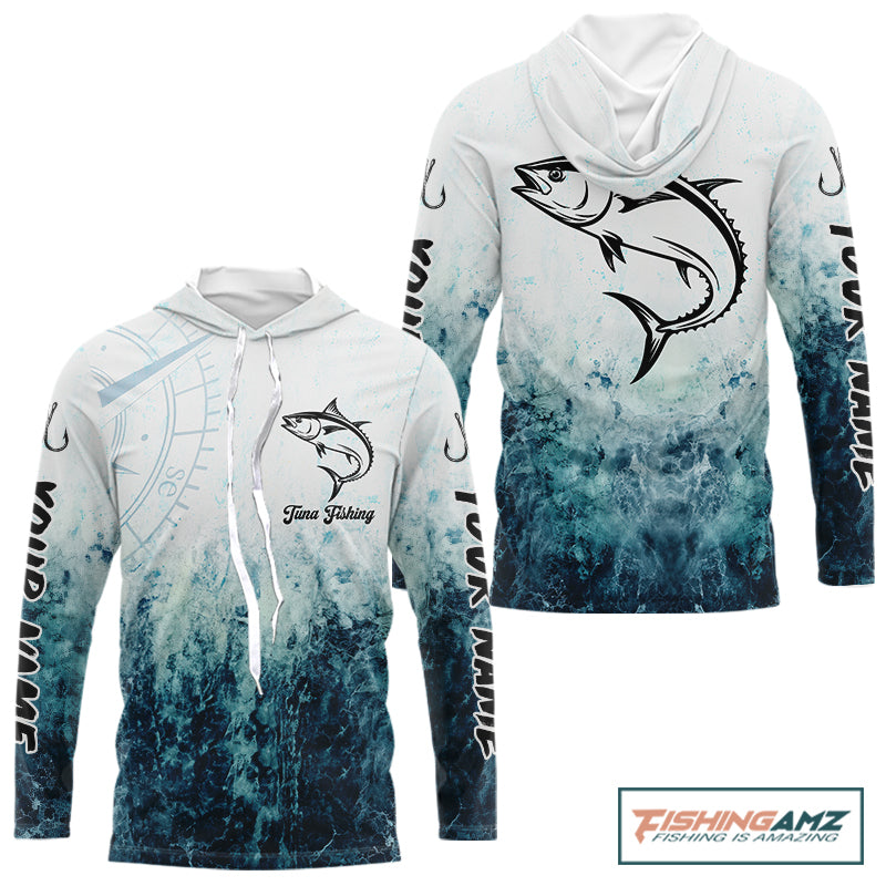Personalized Tuna Fishing Shirt Long Sleeve Hooded Deep Sea Fishing Shirt, Ocean Wave Fishing Apparel NHT1465